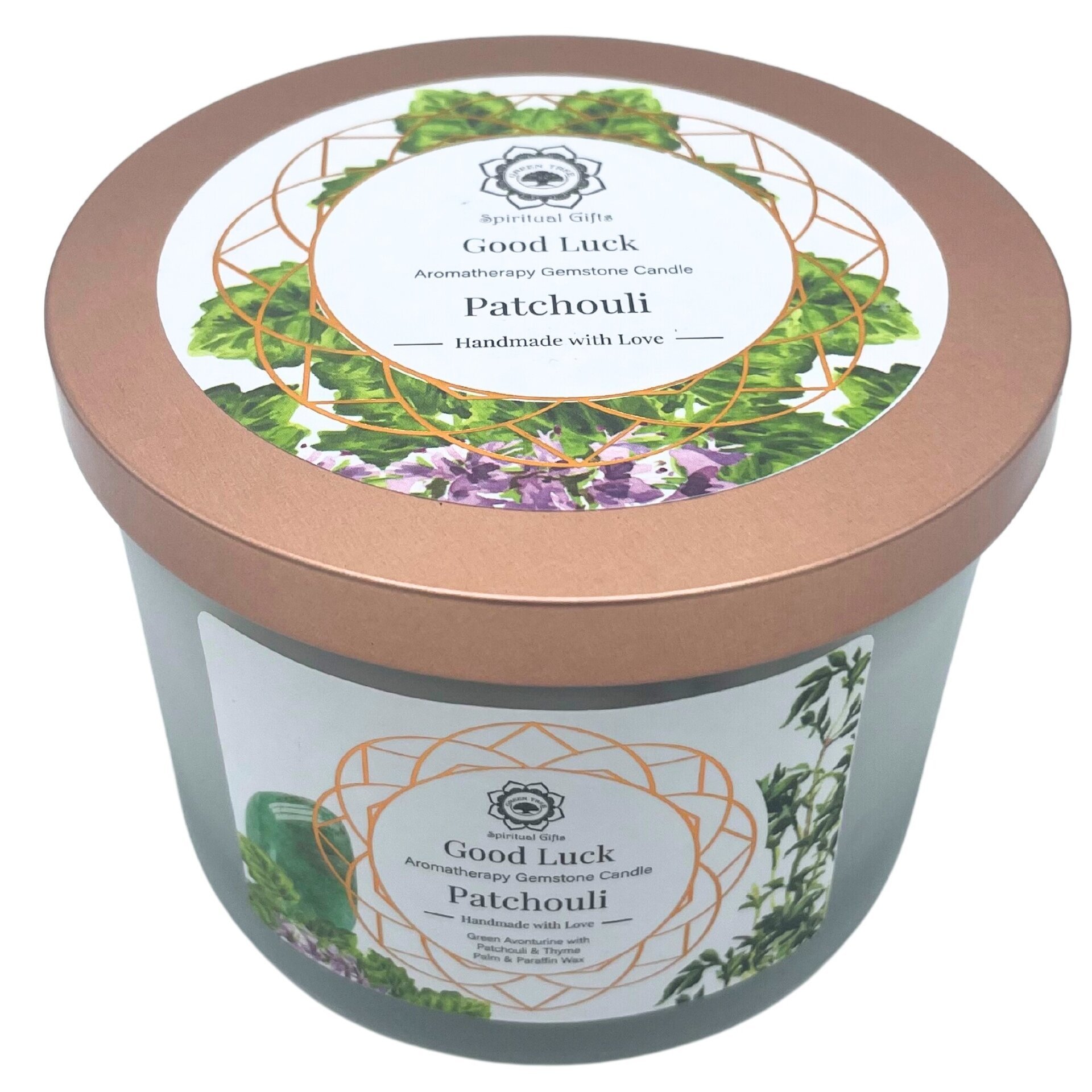 VELA PERFUMADA PACHULI Y  AVENTURINA VERDE: BUENA SUERTE - 3